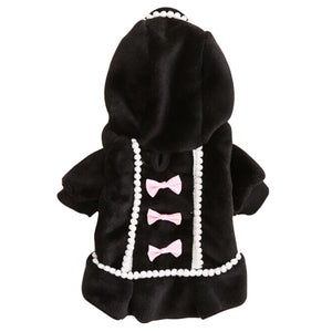 Black Plush Velvet Hoodie Dog Dress is adorned with pink polka dot bows. 