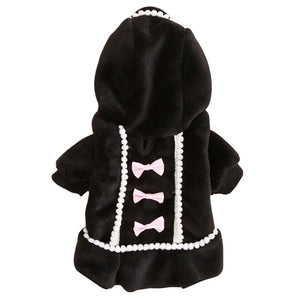 Black Plush Velvet Hoodie Dog Dress is adorned with pink polka dot bows.