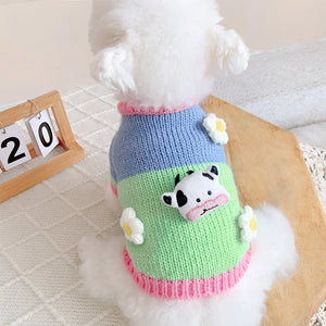 Spring Pastures Pastel Cow Sweater with Daisy Flowers fits small dogs like Bichon.