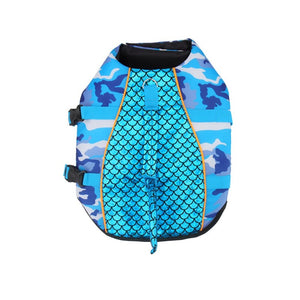 Camo Shark dog life jacket in blue.
