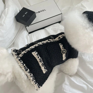 Maltipoo wearing Chic Chanel-esque Hat & Dog Dress in black with off-white lace trim and buttons, plus matching beret..