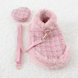 Tres Chic Pink Tweed Dog Coat, Cap & Leash Set
