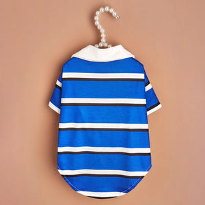 Blue Striped Polo Dog Shirt has a white collar