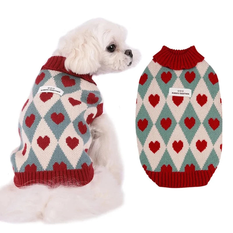 Vintage Red Diamon Heart Dog Sweater on a Maltese