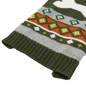 White bone on olive green dog sweater with grey orange, green and white diamond pattern.