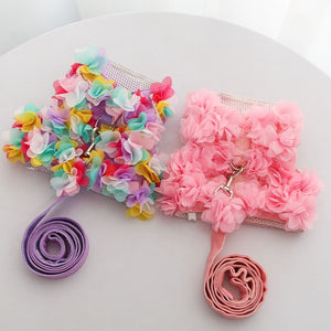 Flower dog harness and leash set comes in two colors, pastel rainbow or pink
