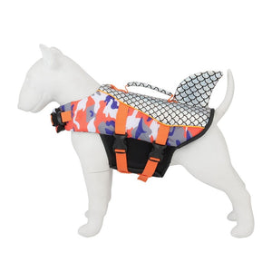 Camo Shark dog life jacket in orange.
