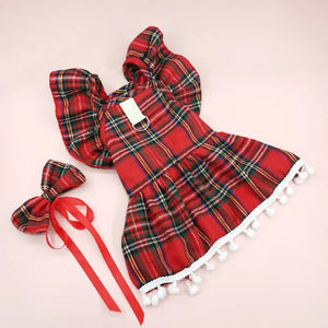 Christmas Plaid Dog Dress with Hair Bow