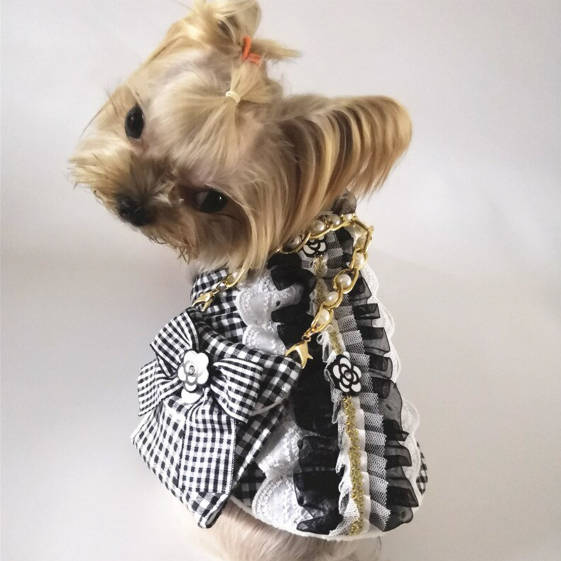 Chic Black & White Check Dog Dress with Matching Purse