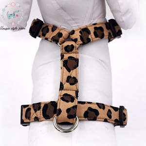 Luscious leopard bow tie dog harness is step in and adjustable.
