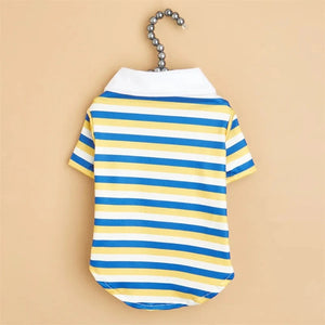 Yellow Blue Striped Dog Polo Shirt fits small dogs.