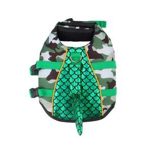 Camo Shark dog life jacket in green.
