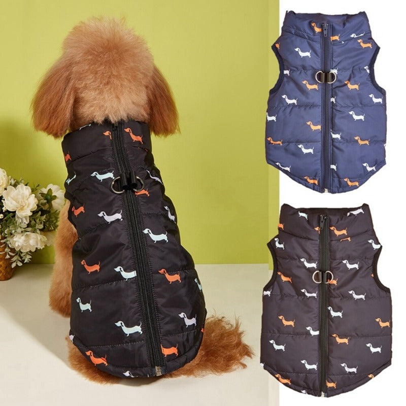 Waterproof Puffer Dog Vest in Black with D-rings and cute dog pattern.