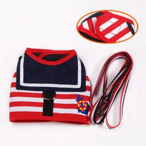 Red, white, and blue striped dog harness with a leash on a white background