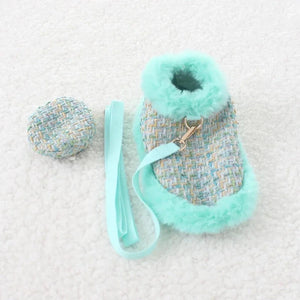 Tres Chic Aqua Tweed Dog Coat, Cap & Leash Set