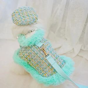 Tres Chic Aqua Tweed Dog Coat, Cap & Leash Set has a D-ring to connect the leash to the cape.