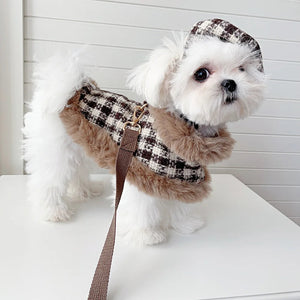 Maltese in Tres Chic Brown Tweed Dog Coat, Hat & Leash Set