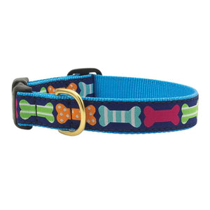 Up Country Big Bones Dog Collar features colorful bones on a navy blue collar