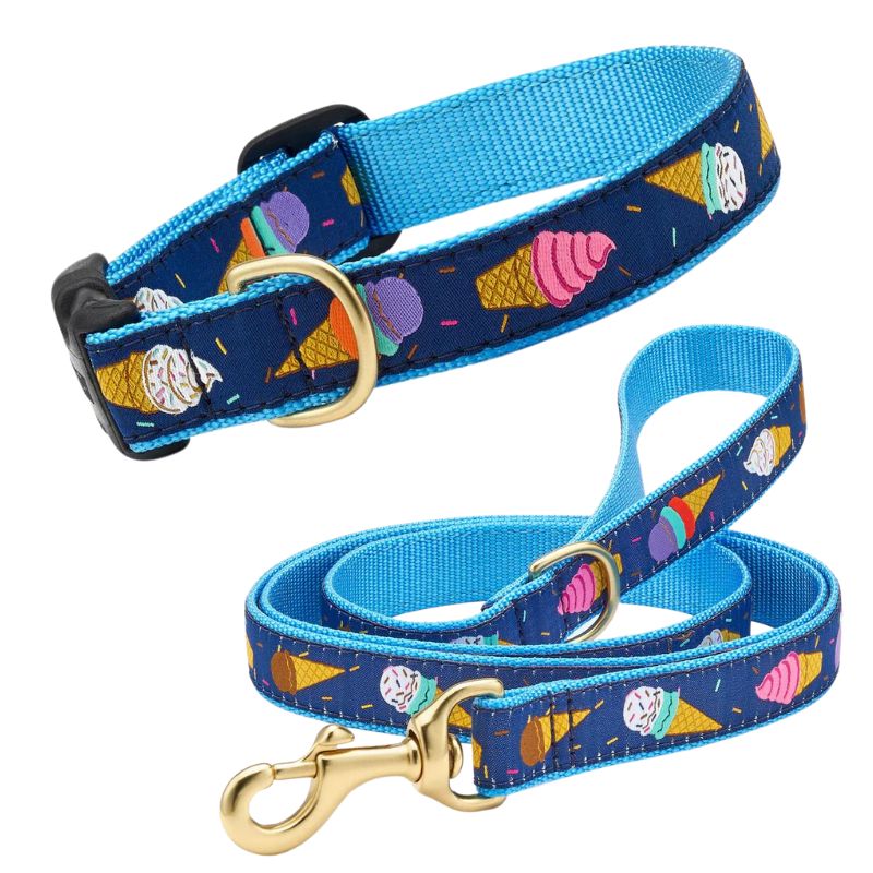 Up Country Ice Cream Dog Collar & Leash Matching Set is blue with colorful ice cream cones