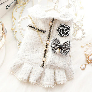 White Chanel-Inspired Tweed Dress with Bling Bow Purse