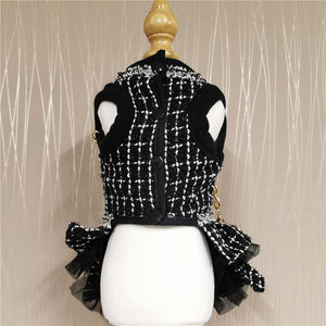 Black Tweed Fashionista Dog Dress features 3  snap buttons on underbelly for easy on/off.