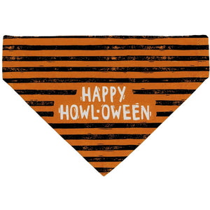 Large Happy Howl-o-Ween Reversible dog bandana in orange and black horizontal stripes.