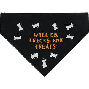"Will Do Tricks for Treats" Large Reversible Dog Bandana in black with orange lettering and white bone pattern.