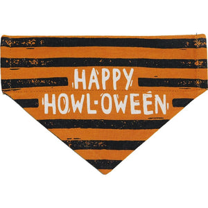 Small Happy Howl-o-Ween Reversible dog bandana in orange and black horizontal stripes.