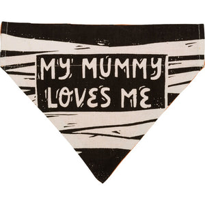 Large Halloween Reversible Collar Bandana  "My Mummy Loves Me" on black with white mummy bandages.