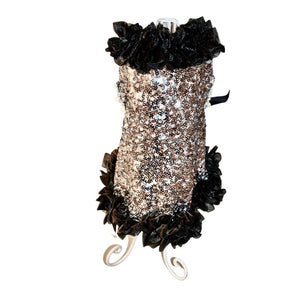 Get ready for a night out on the town with this bling dog party dress in silver and black. Custom sizing for all dog breeds,