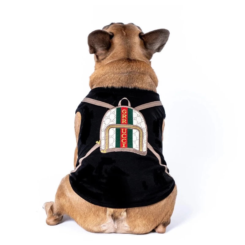 Made of 100% Pima cotton, this designer-inspired embroidered dog T-shirt by Aventura Pups features a parody Grruci handbag on a black T-shirt.