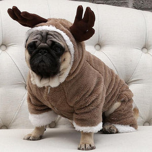 Warm Fleece Christmas Reindeer Dog Jumpsuit fits small and medium dogs like Pugs.