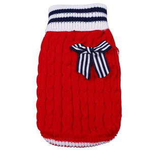 Red, White & Blue Cable Knit Dog Sweater is adorned with a striped bow.