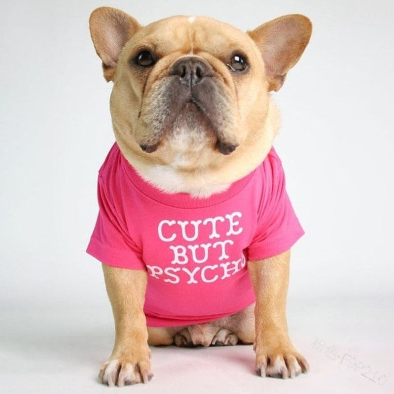 Available in 6 colors, this"Cute but Psycho" Dog T-Shirt fits small, medium and large dog. 