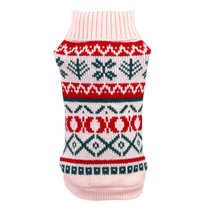 Pink Classic Knit Dog Sweater features and autumnal leaf pattern.