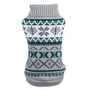 Gray Classic Knit Dog Sweater features and autumnal leaf pattern.