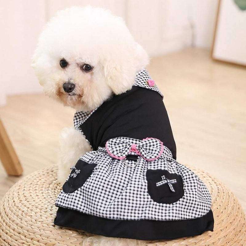 Sweet and simple, this Dainty Black Check Summer Dog Dress features roses, 2 pockets a D-ring and bow.