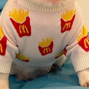 This McD french fries dog sweater is white with McDonald's french fries patterns.