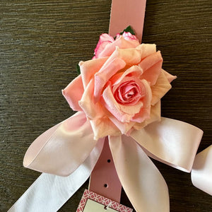 Perfect for weddings, this gorgeous pink rose on pink leather collar has a light pink satin bow.