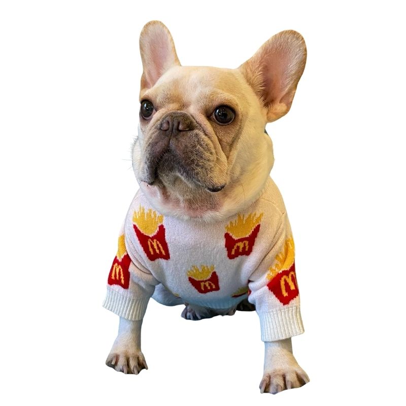 This fun McD French Fries Dog Sweater makes a statement.