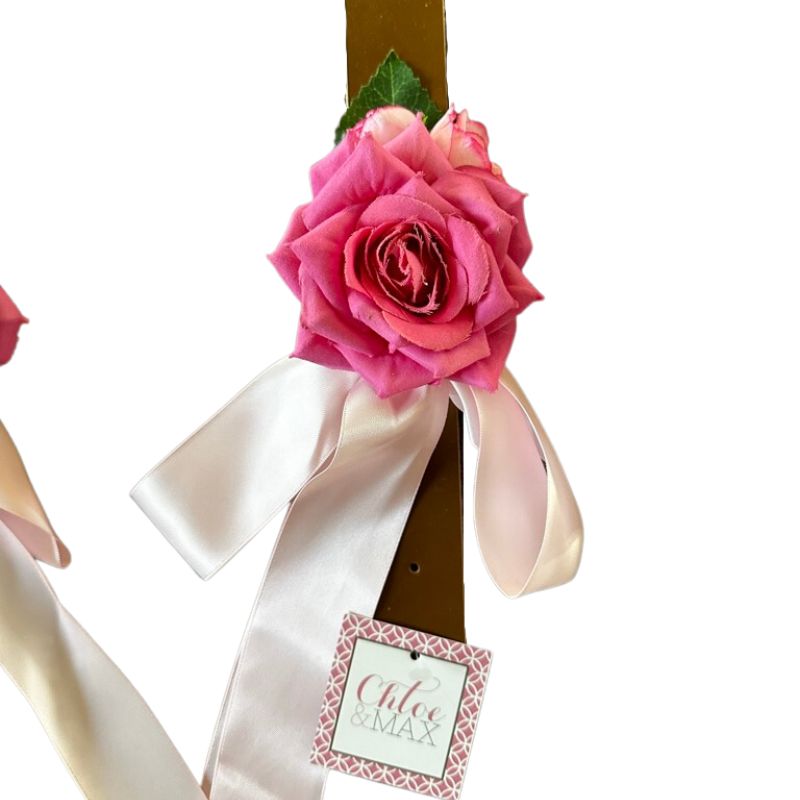Perfect for weddings, this gorgeous pink rose on a brown leather collar has a light pink satin bow. Perfect for weddings, this gorgeous pink rose on a tan leather collar has a light pink satin bow. 