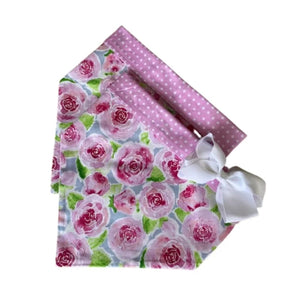 Handmade in the USA by Chloe & Max, this Rose Bandana Collar features pink roses on greyish blue background, with pink polka dot trim and backing.