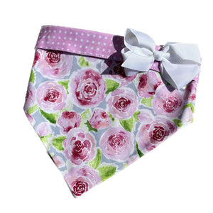 Handmade in the USA by Chloe & Max, this Rose Bandana Collar features pink roses on greyish blue background, with pink polka dot trim and backing