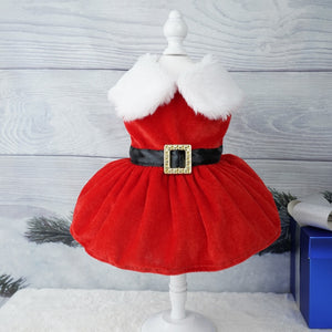 Red Mrs. Claus Dog Dress features a black Santa belt and is great for cosplay for small to medium dogs.