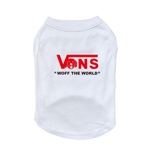 Perfect year-round for an extra thin layer, this cool Vans-Inspired "Woff the World" Dog T-Shirt fits small, medium and large dogs.