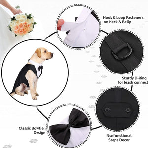 Dog Tuxedo comes with hook and loop fasteners on neck and belly, D-ring and classic bow tie.