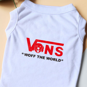This cool Vans-Inspired "Woff the World" Dog T-Shirt is white with red and black lettering.