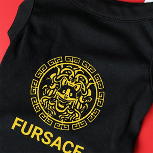 Black Versace-inspired "Fursace" Dog T-shirt with yellow logo with cat face featured at the center.