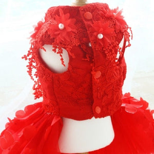 This Handmade Red Floral Lace Embroidered Dog Party Dress is exquisitely crafted with the finest details, including three-dimensional flowers, beading and a tulle skirt.