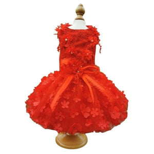 This Designer Red Floral Lace Embroidered Dog Party Dress is exquisitely crafted with the finest details, including three-dimensional flowers, beading and a tulle skirt.